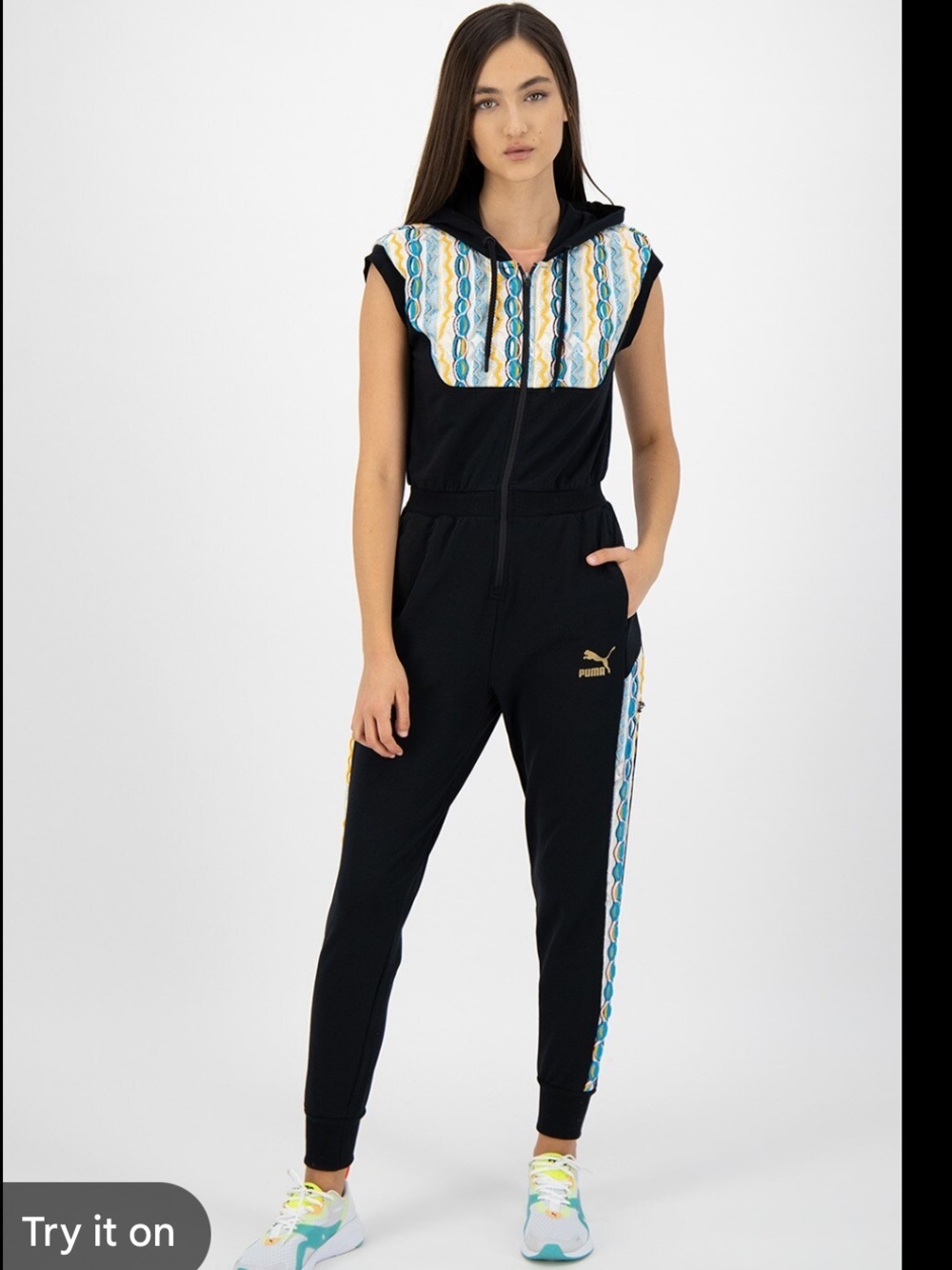 Puma X Coogi Black Hooded Sleeveless Jumpsuit with Blue & Yellow Trim
